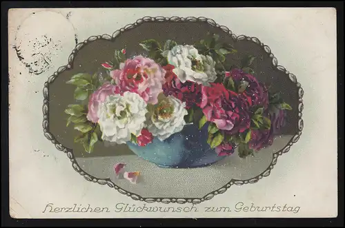 Félicitations AK anniversaire, bol bleu avec des paysans Roses, HARBURG 19.10.1920