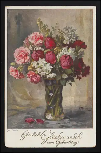 Félicitations PRIMUS AK Roses Oeillets Vase sign. Jos. Frank CELLE 23.11.1936