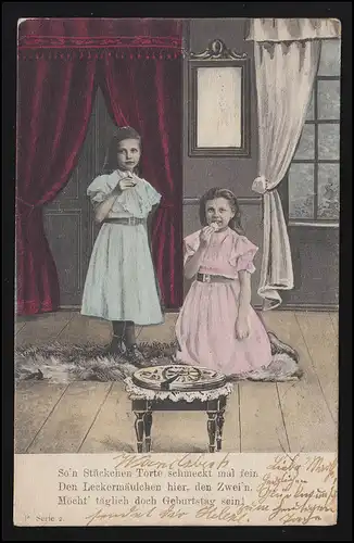 AK Kinder Mädchen Torte festliche Kleider Geburtstag, WANDSBEK/ HAMBURG 2.3.1903