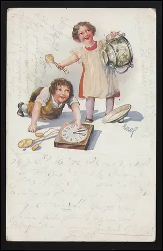 AK Kinder machen Musik mit Kochtopf und Uhr, sign. Ezef  WIEN um 1910