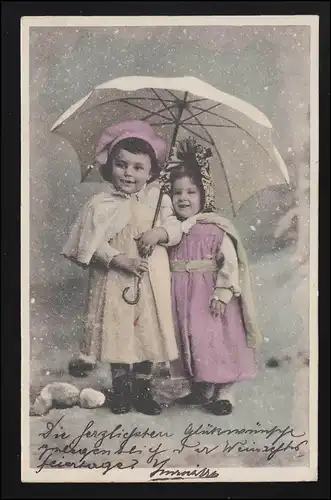 Photo AK enfants manteau casquette parapluie hiver neige, KASSA/ Košice 25.12.1905