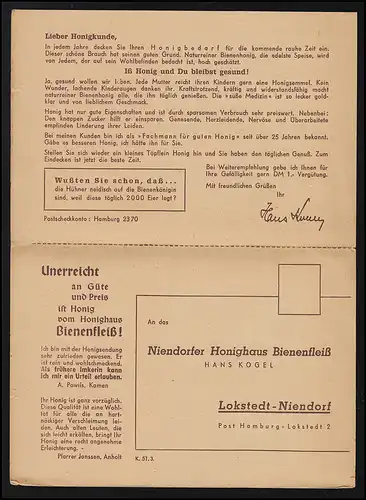 Publicité AK Niendorfer Hielahus ruche double carte HAMBURG LOKSTEDT 1.3.52