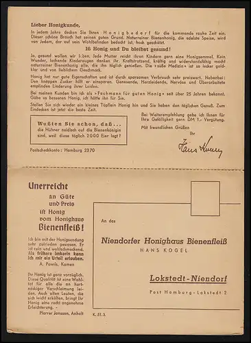 Werbe AK Niendorfer Honigahus Bienenfleiß Doppelkarte HAMBURG LOKSTEDT 1.3.52