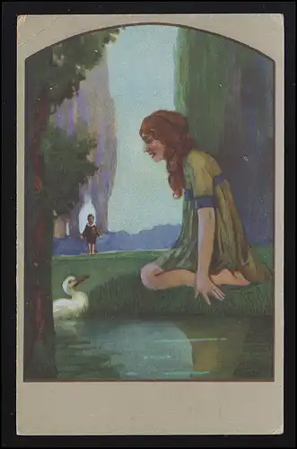 Märchen AK Künstler Bender sign., Mädchen Gans am Ufer Delila Wenau, ungebraucht