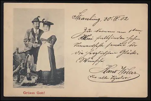 AK Grüss Gott! Couple bavarois Dirndl Gamsbart, STRAUBING 30.4.1902