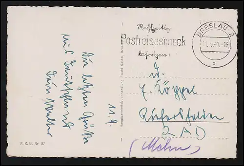 Photo AK Europa Wrocław Hôtel de ville, "chèque de voyage postal," BRESLAU 2 11.9.1941