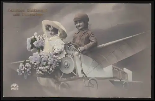 AK Luftfahrt Kinder Flugzeug Glückwunsch Blumen Namenstag, MÜNCHEN 8.3.1913