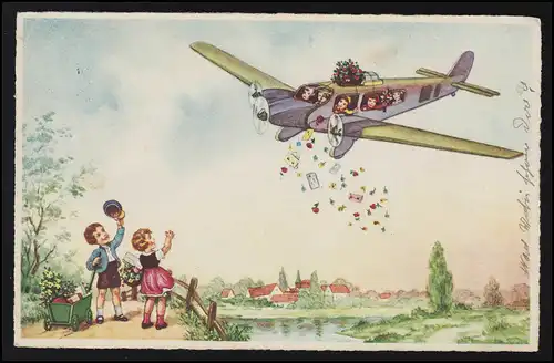 AK Luftfahrt Flugzeug Kinder werfen Geschenke, Kinder winken HANNOVER 11.6.1942
