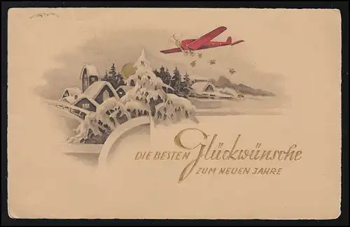 AK avion hélice, trèfle chanceux Nouvel An neige, BAD SCHANDAU 1.1.1939