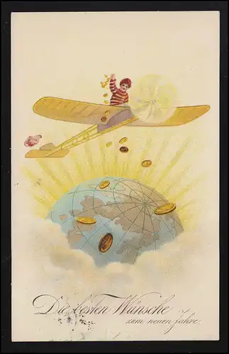 AK Luftfahrt Flugzeug Propeller Münzen Gold Welt, Wünsche Neujahr, um 1908