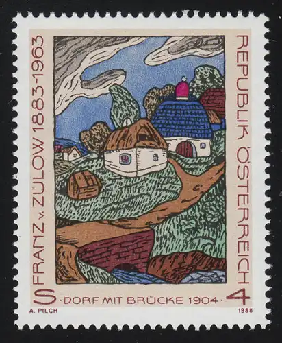 1912 25ème anniversaire de la mort, Franz von Zülow, village avec pont peinture Zulov, 4 p **