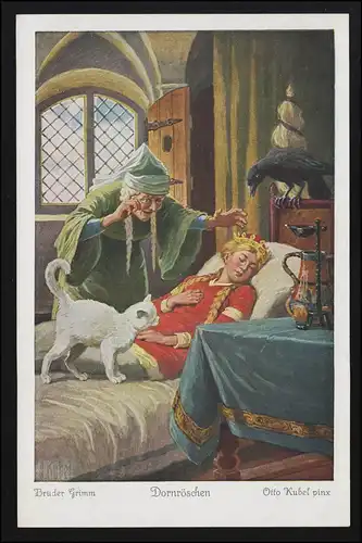 Fêtes de fées AK Grimm Série Dornröchen, magicienne au lit, Otto Kubel, inutilisé