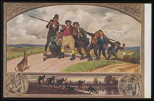 Märchen AK Nr. 9, "Die sieben Schwaben" ängstlich vor dem Hasen, ungebraucht