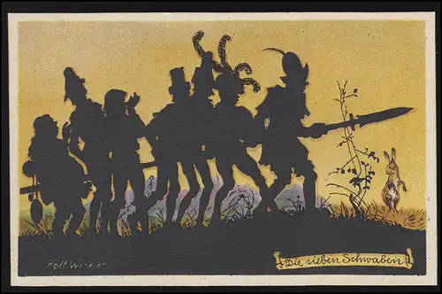 Scherenschnitt Märchen "Die sieben Schwaben" an Lanze, R. Winkler, ungebraucht