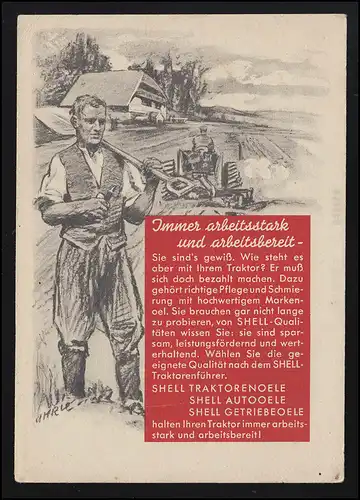 Werbe AK SHELL Öle, Bauer Traktor Arbeit RHENANIA - OSSAG, ungebraucht