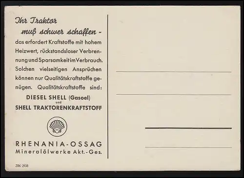Publicité AK SHELL Huiles, travaux de tracteur paysan RHENANIA - OSSAG, non utilisé