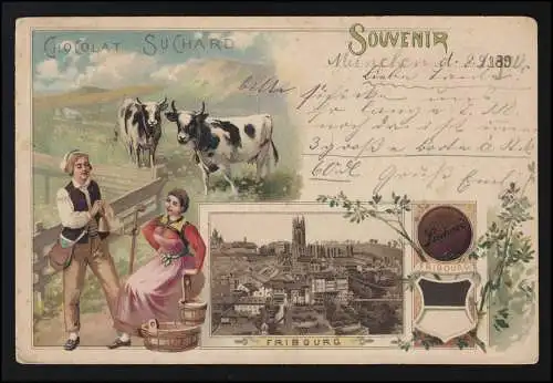 Werbe AK CHOCOLAT SUCHARD Souvenir FRIBOURG, MÜNCHEN um 1900