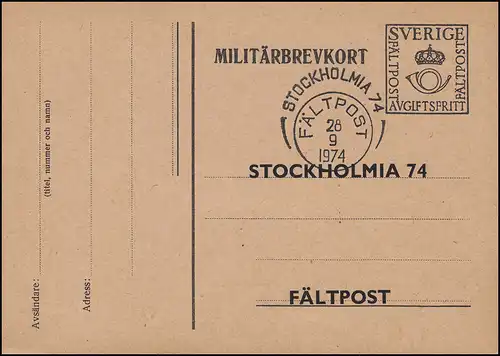 Militärpost MILITÄRBREVKORT Ausstellung STOKHOLMIA'74, SSt und Eintrittskarte