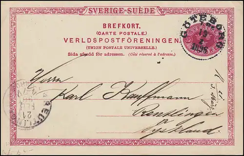Carte postale P 20 SVERIGE-SUEDE 10 Öre, GÖTEBORG 19.2.1896 selon REUTLINGEN 21.2.96