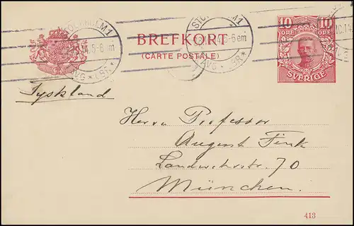 Postkarte P 30 BREFKORT König Gustav mit DV 413, STOCKHOLM 28.10.14 nach München