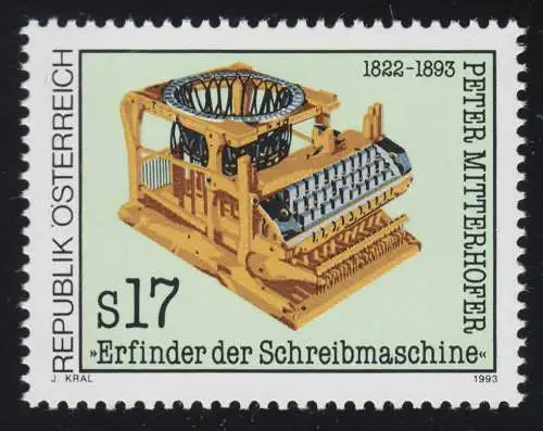 2088 Todestag Peter Mitterhofer, Modell Typenkorbschreibmaschine, 17 S, **