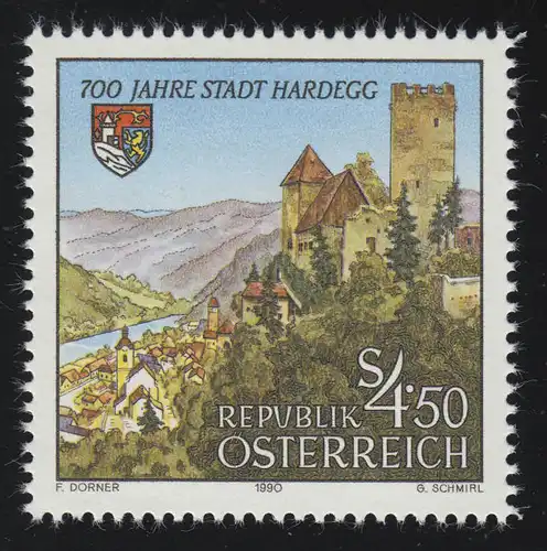 1995 700 ans de la ville de Hardegg, vue et armoiries de ville, 4.50 S post-freeich **