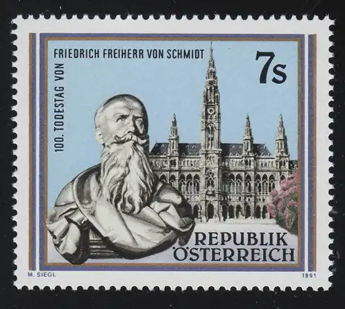 2016 Friedrich Freiherr von Schmidt, Architekt Rathaus Wien 7 S, postfrisch **