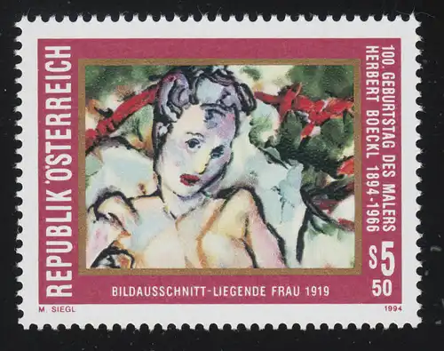 2122 Anniversaire Herbert Boeckl, femme couchée peinture Böckll, 5.50 p, **