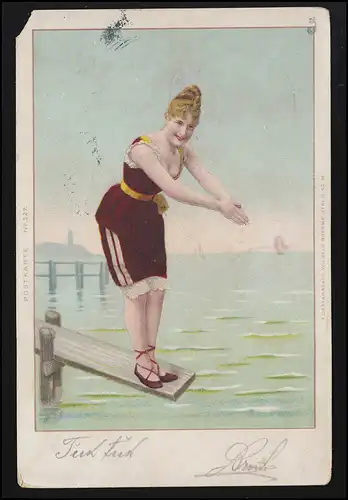 Frauen AK junge Frau Badeanzug rot Steg Sprung Wasser KOTOR Cattaro 27.10.1899