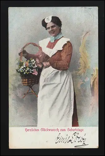Frauen AK Dienstmädchen Schürze Häubchen Blumen Glückwunsch, BERLIN 23.6.04