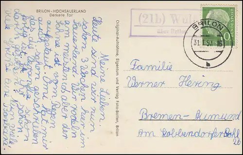 Landpost 21b WÜLFTE über BRILON 31.1.1957 auf Foto AK Derkere Tor in Brilon