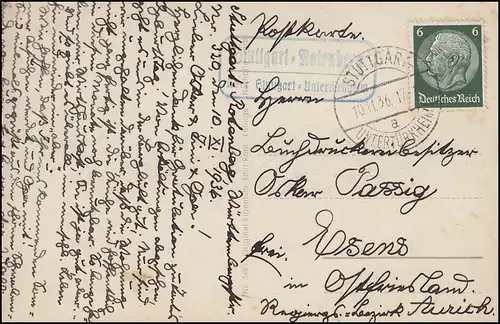 Landpost STUTTGART Rotenberg sur HUNTÜRKHEIM 10.11.36 sur AK Württemberg