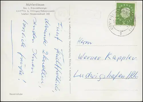 Post rural 17b KAPEL sur VILLINGEN Forêt Noire 12.10.53 sur AK paysanne
