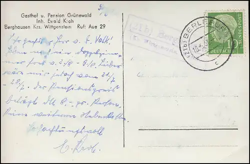 Landpost 21b BERGHAUSEN sur WITTGENSTEIN 10.5.56 sur AK Gasthof Grünewald