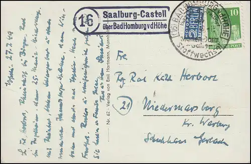 Landpost 16 SAALBURG-CASTELL über BAD HOMBURG v.d. HÖHE 28.7.49 auf AK EPPSTEIN