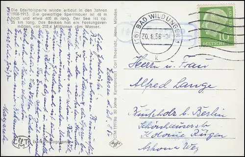 Landpost 16 EDERSEE über BAD WILDUNGEN 30.8.56 auf Foto AK Edersee Staumauer