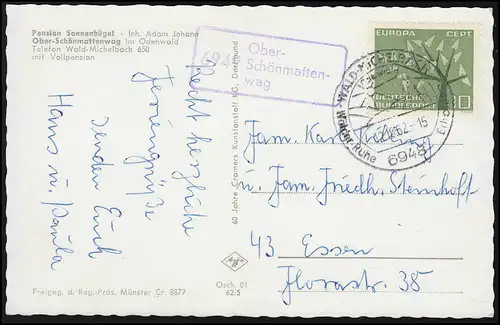 Landpost Stempel 6949 Ober-Schönmattenwag WALD MICHELBACH 12.10.62 auf Foto AK