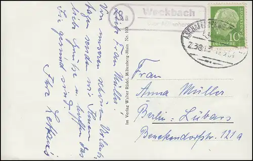 Landpost Stempel 13a WECKBACH über MILTENBERG AK 19.5.54 Bahnpost ASCHAFFENBURG