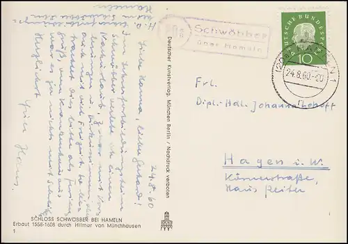 Landpost 20a SCHWÖBBER sur HAMELN 24.8.60 sur AK Château de ceux de Münchhausen