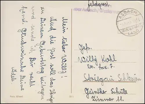 Landpost HUSSEN via ASBACH / Westerwald Land 1.10.43 sur AK Roses vers STRIEGAU