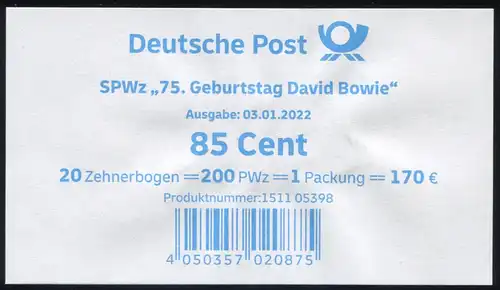3661 David Bowie, BANDEROLE / AUFKLEBER für 20 Zehnerbogen