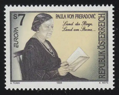 2189 Europa: Berühmte Frauen, Paula von Preradovic, 7 S, postfrisch **