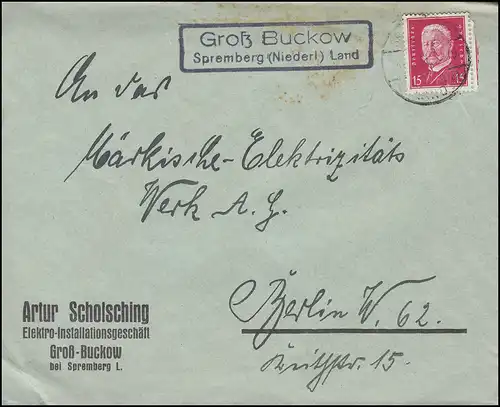 Landpost Gross BUCKOV via SPREMBERG Niederlausitz (Land) 16.3.1929 vers BERLIN
