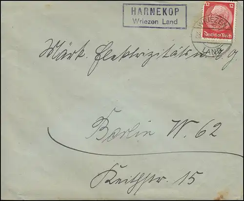 Landpost Stempel Gemeindevorsteher HARNEKOP / WRIEZEN LAND 23.6.1933 nach BERLIN