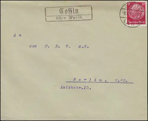 Landpost COSSIN /Kosin über PYRITZ / Pyrzyce 8.10.1935 auf Brief nach BERLIN