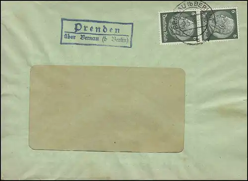 Landpost PRENDEN über BERNAU bei BERLIN 9.5.1938 auf Fenster-Brief nach BERLIN