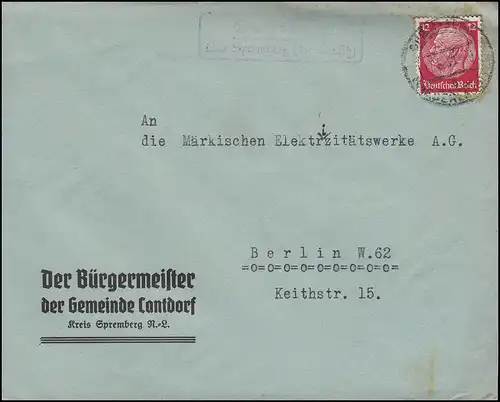 Landpost CANTDORF über SPREMBERG Niederlausitz 11.5.39 auf Brief nach BERLIN