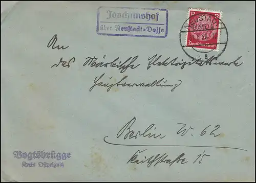 Landpost JOACHIMSHOF über NEUSTADT (Dosse) 31.5.1938 auf Brief nach BERLIN
