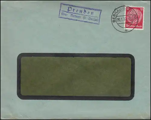 Landpost PRENDEN über BERNAU bei BERLIN 20.1.1937 auf Fenster-Brief nach BERLIN