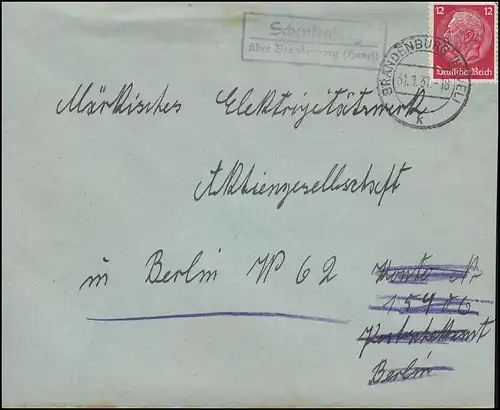 Landpost SCHENKENBERG über BRANDENBURG (Havel) 31.1.1937 auf Brief nach BERLIN